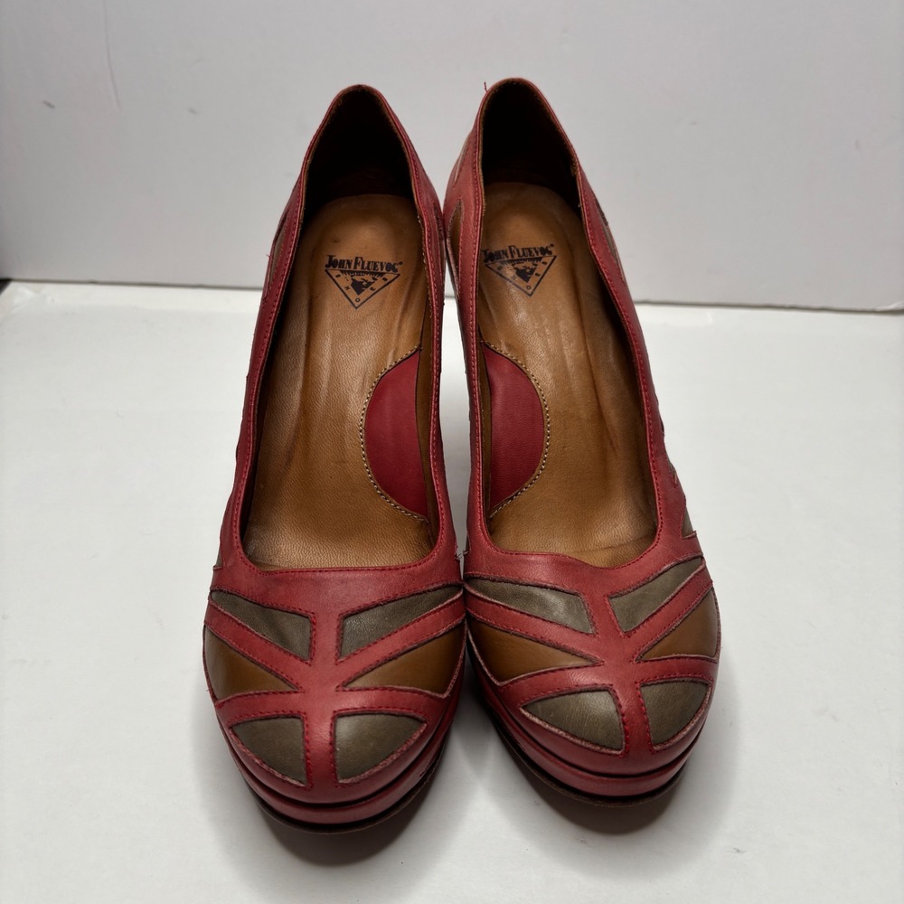John Fluevog Miracles Meera Leather Heels Stained Glass Platform Pumps 8.5 Red - Picture 4 of 12